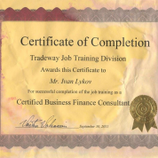 Сертификат консультанта в области финансов частного предприятия. Выдан отделом повышения квалификации компании Tradeway (Valencia, CA, USA)
