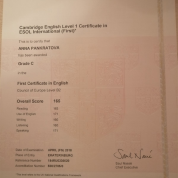 Cambridge English Certificate confirming B2 level 