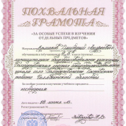 Похвальная грамота за особые успехи в изучение истории от директора школы (2013)