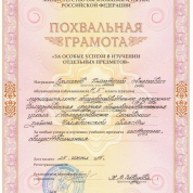 Похвальная грамота за особые успехи в изучении истории и обществознания от директора школы (2015)