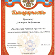 Благодарность за активное участие в работе по повышению правовой культуры молодежи (2020)