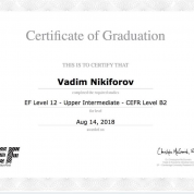 English First EF:  Certificate of Graduation - Upper Intermediate CEFR Level B2, Date: 14.08.2018
