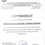 Сертификат за тьюторское сопровождение исследовательских, проектных работ обучающихся начальной школы и подготовку учащихся к Конференции исследовательских и проектных работ младших школьников